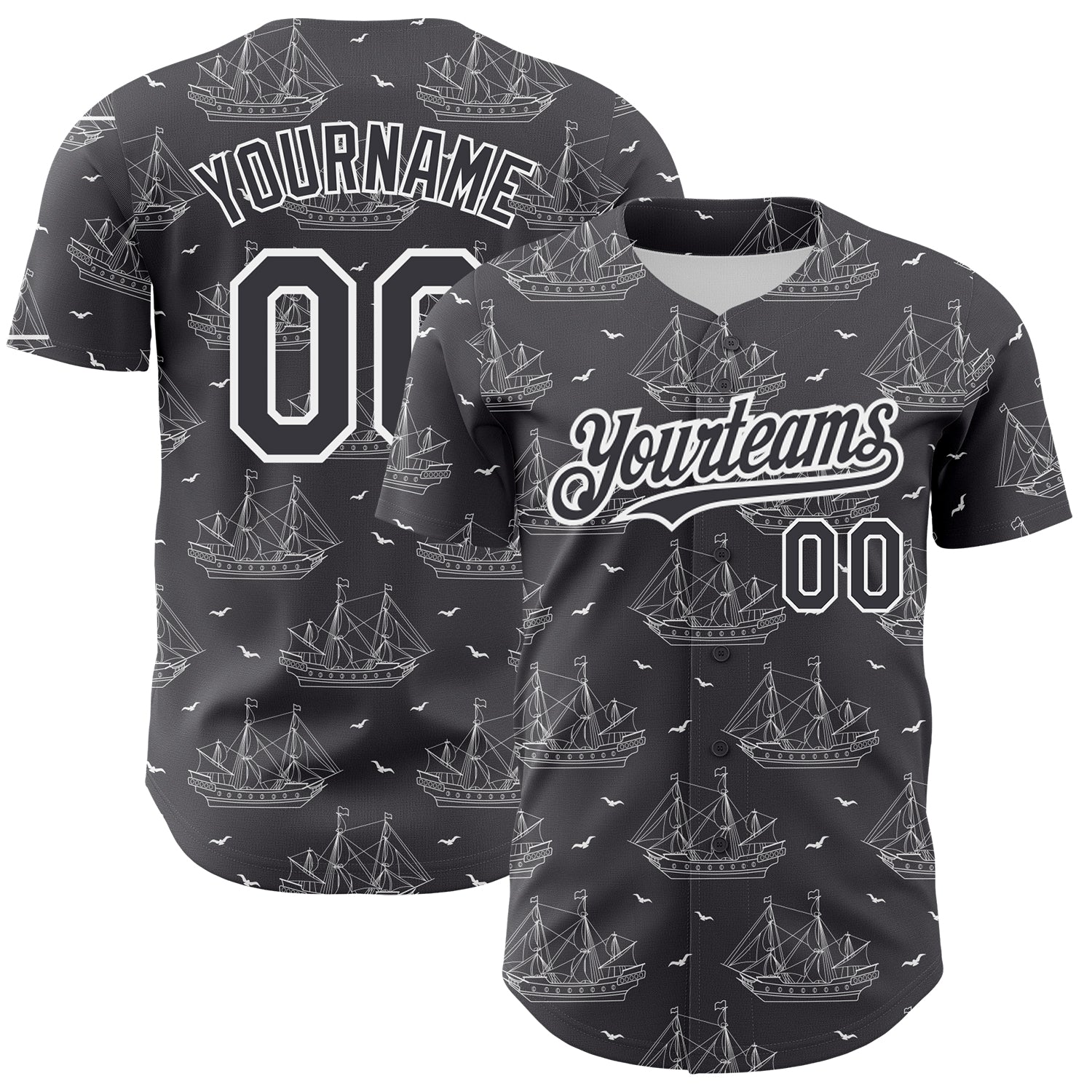 Custom Steel Gray White 3D Pattern Design Ship Frigate With Seagulls Authentic Baseball Jersey - Main View