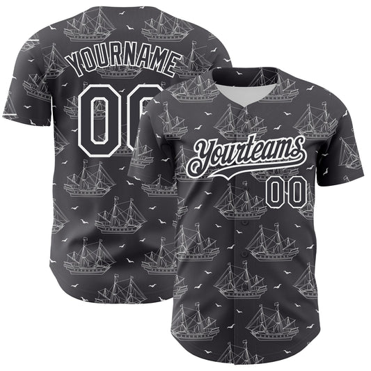 Custom Steel Gray White 3D Pattern Design Ship Frigate With Seagulls Authentic Baseball Jersey - Main View