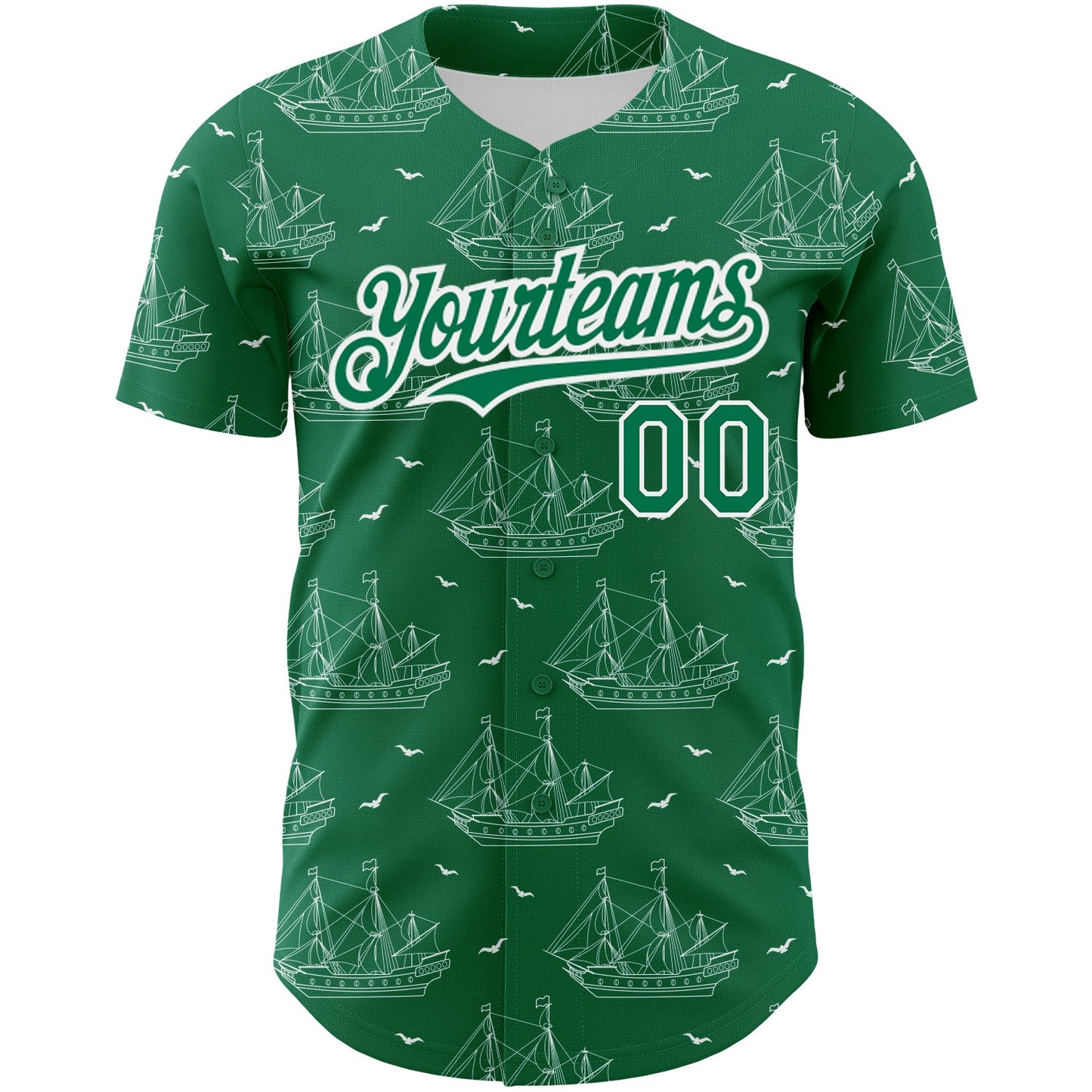 Custom Kelly Green White 3D Pattern Design Ship Frigate With Seagulls Authentic Baseball Jersey view 2