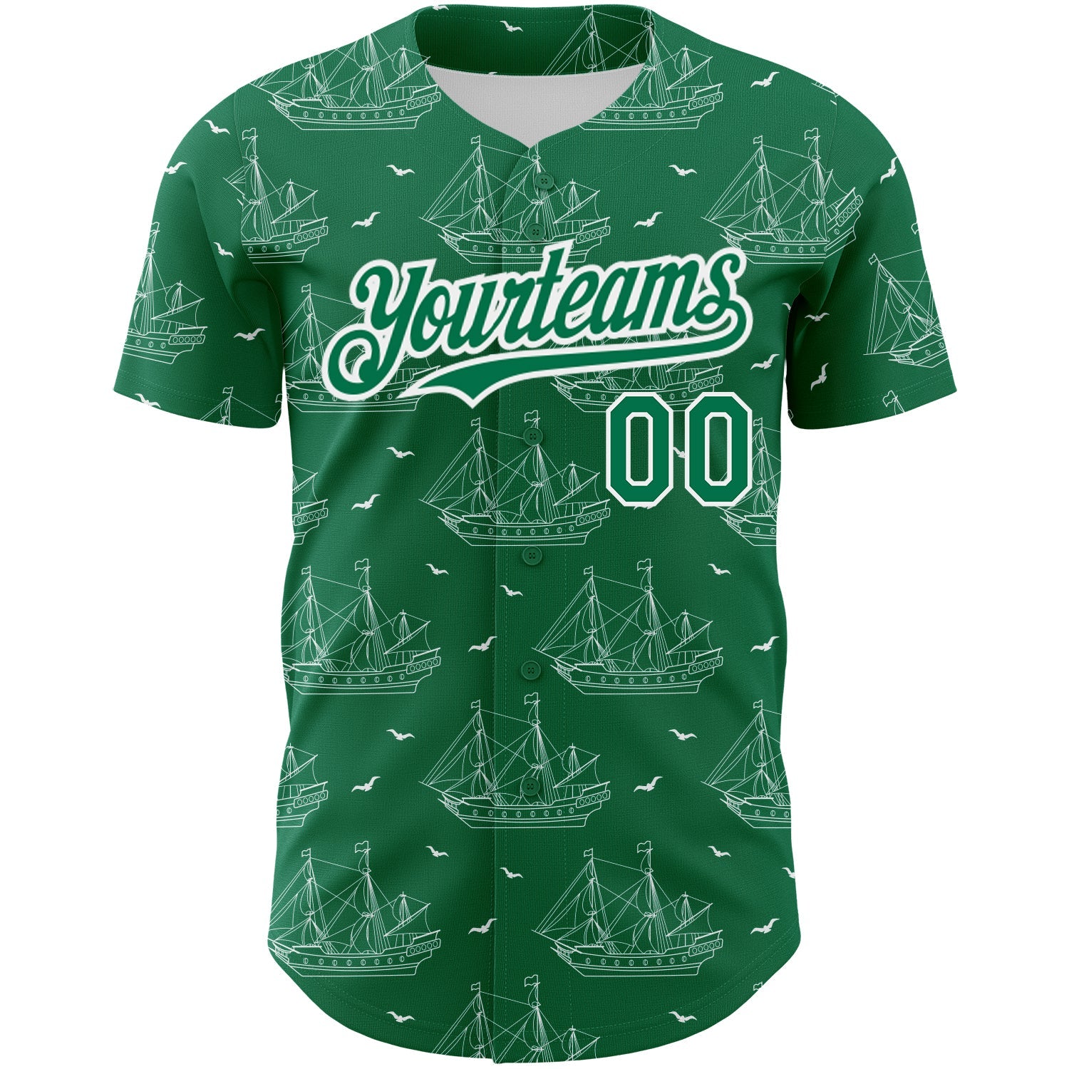 Custom Kelly Green White 3D Pattern Design Ship Frigate With Seagulls Authentic Baseball Jersey view 2