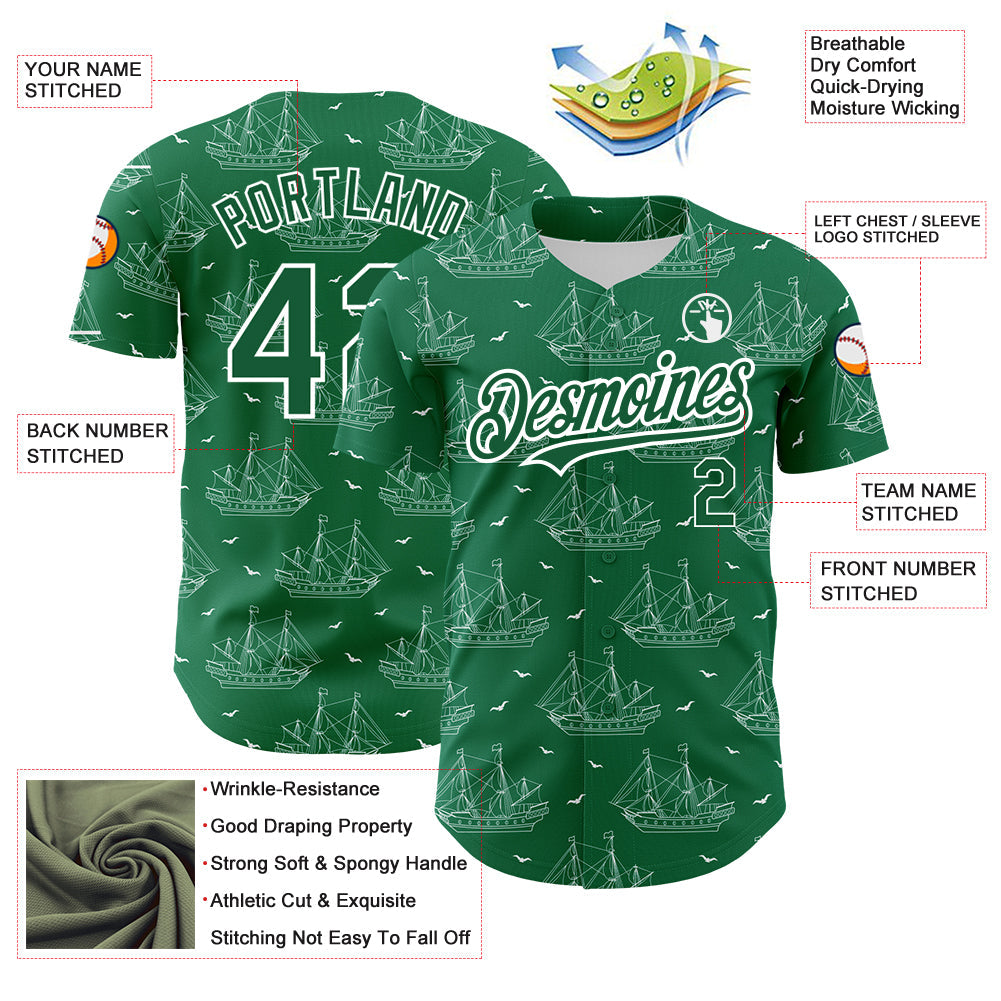 Custom Kelly Green White 3D Pattern Design Ship Frigate With Seagulls Authentic Baseball Jersey view 3