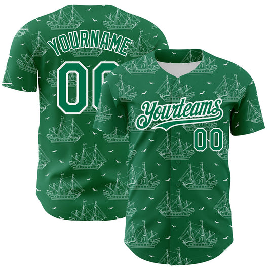 Custom Kelly Green White 3D Pattern Design Ship Frigate With Seagulls Authentic Baseball Jersey - Main View