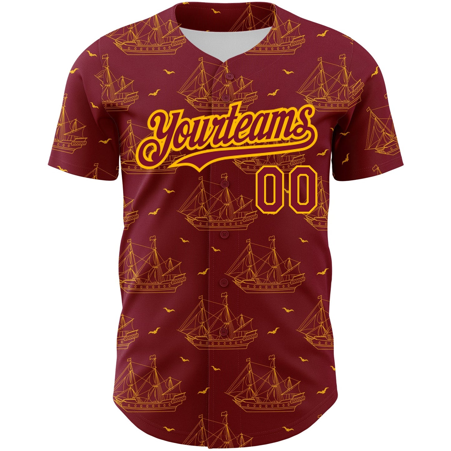 Custom Crimson Gold 3D Pattern Design Ship Frigate With Seagulls Authentic Baseball Jersey view 2