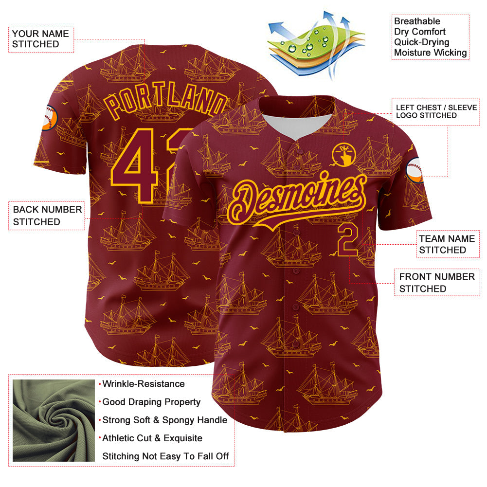 Custom Crimson Gold 3D Pattern Design Ship Frigate With Seagulls Authentic Baseball Jersey view 3