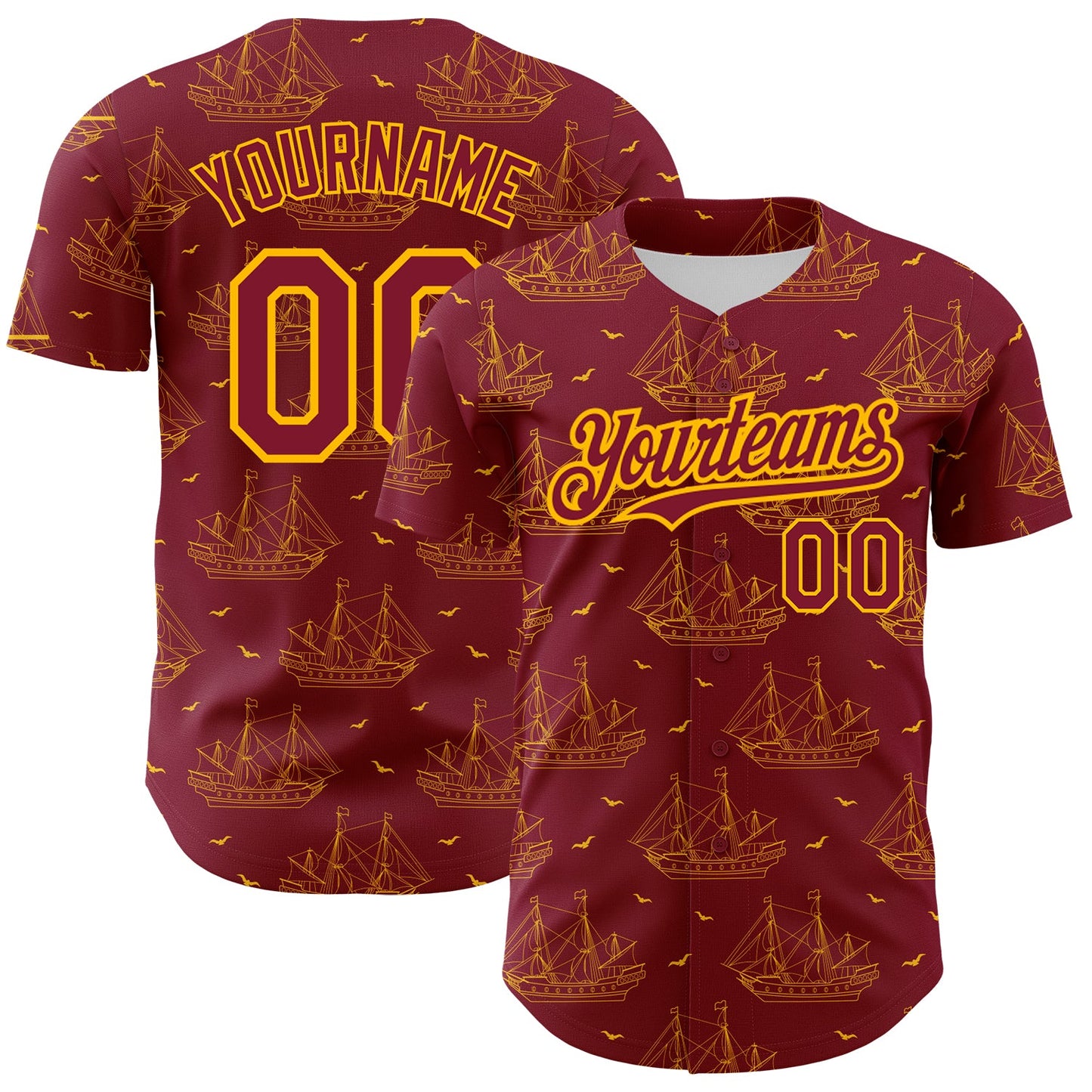 Custom Crimson Gold 3D Pattern Design Ship Frigate With Seagulls Authentic Baseball Jersey - Main View