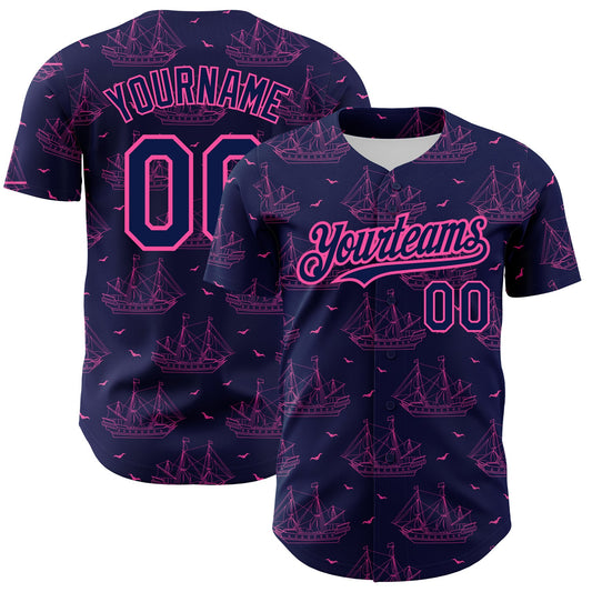 Custom Navy Pink 3D Pattern Design Ship Frigate With Seagulls Authentic Baseball Jersey - Main View