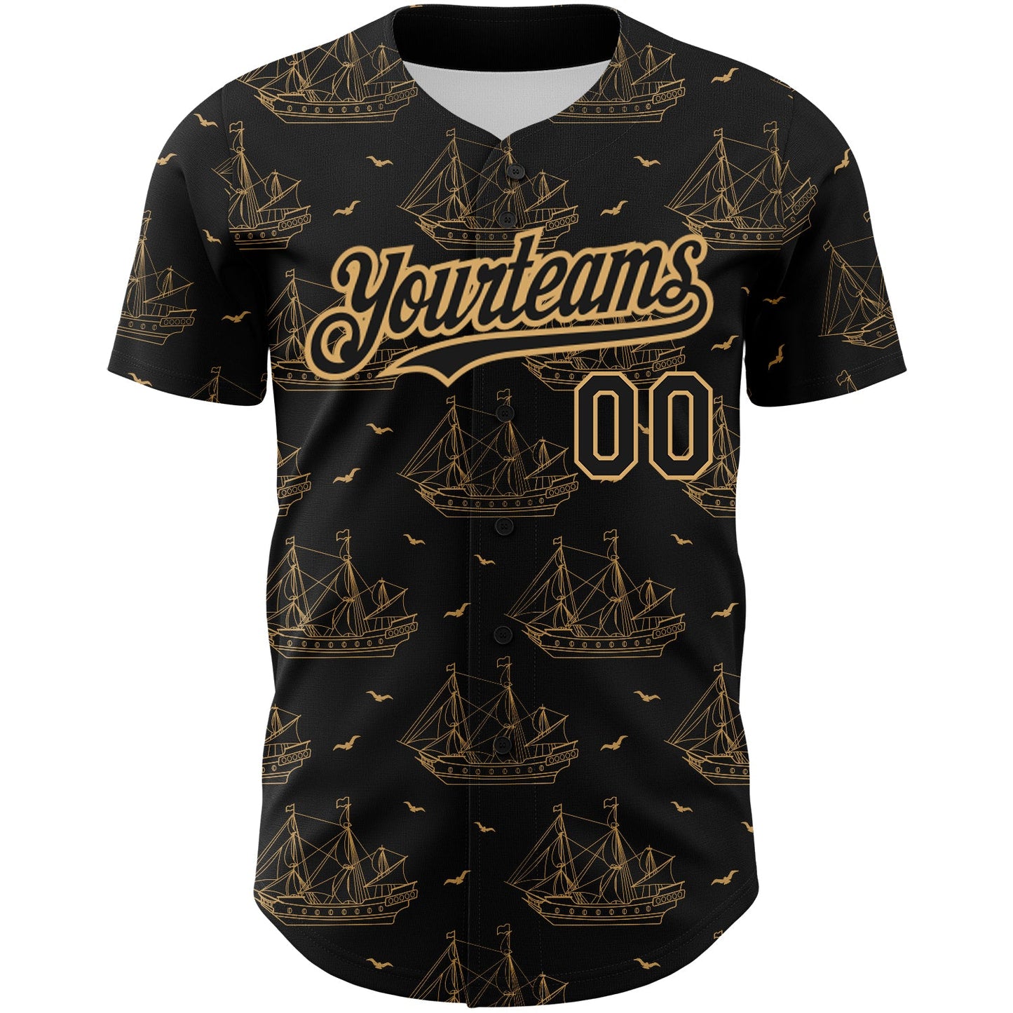 Custom Black Old Gold 3D Pattern Design Ship Frigate With Seagulls Authentic Baseball Jersey view 2