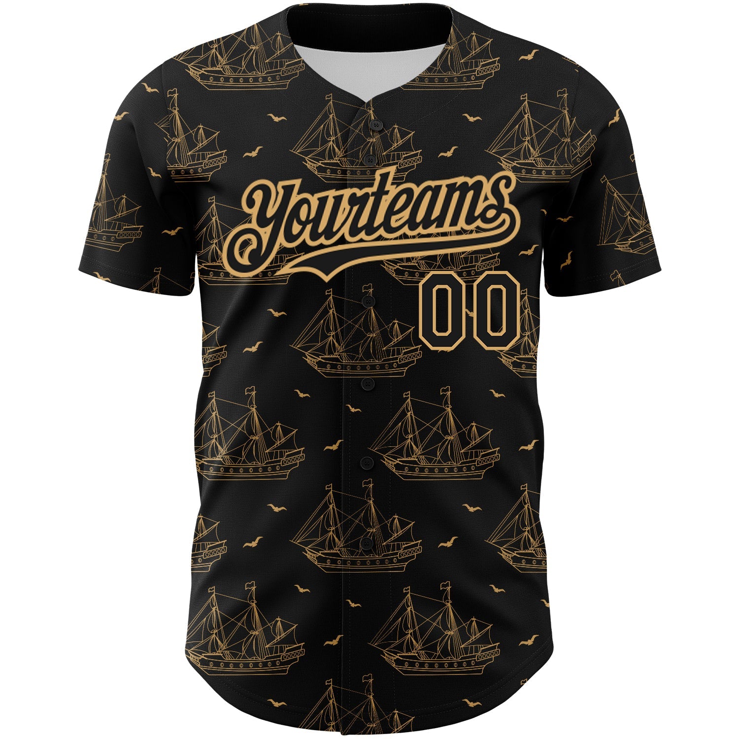 Custom Black Old Gold 3D Pattern Design Ship Frigate With Seagulls Authentic Baseball Jersey view 2