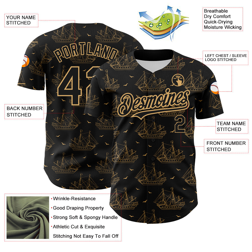Custom Black Old Gold 3D Pattern Design Ship Frigate With Seagulls Authentic Baseball Jersey view 3