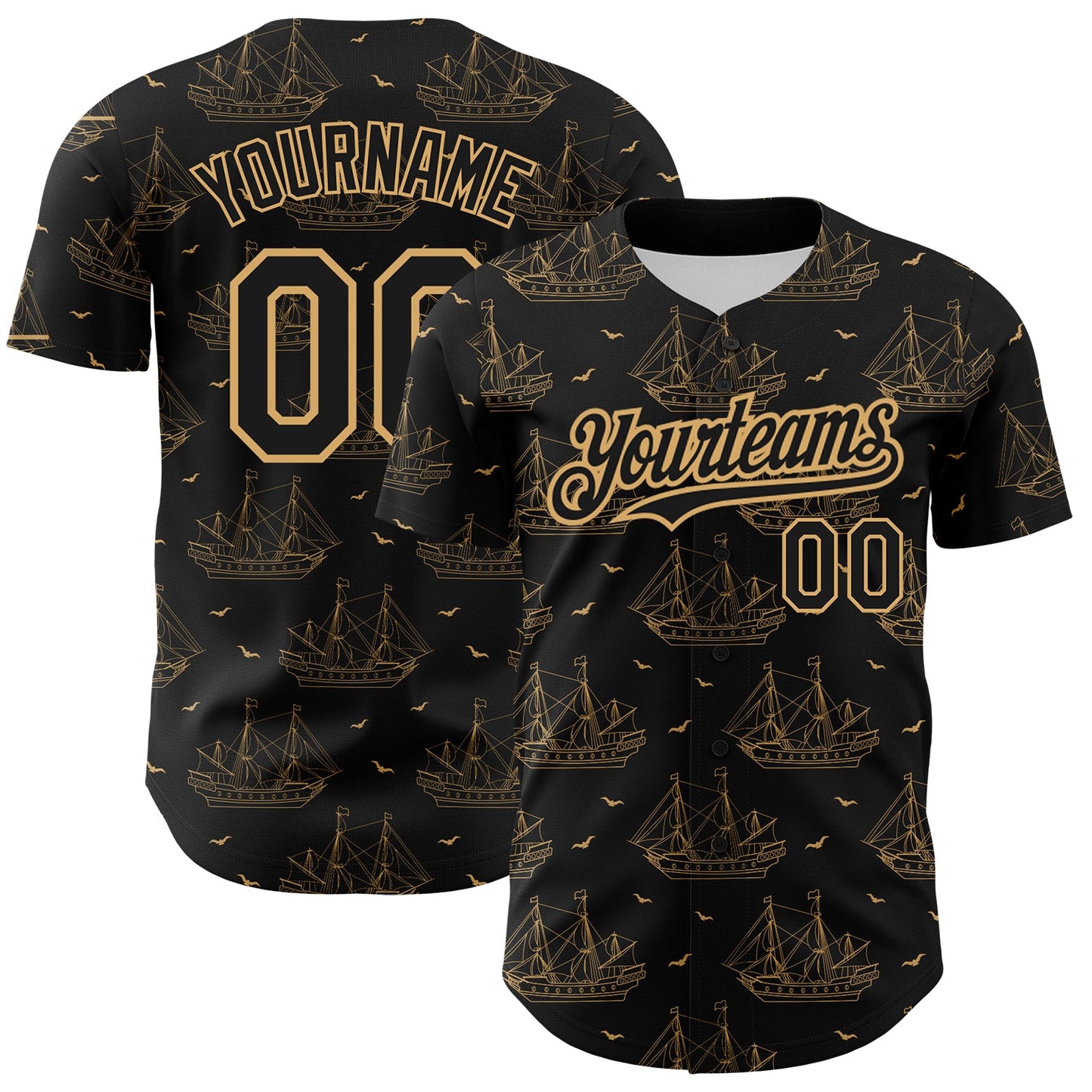 Custom Black Old Gold 3D Pattern Design Ship Frigate With Seagulls Authentic Baseball Jersey - Main View