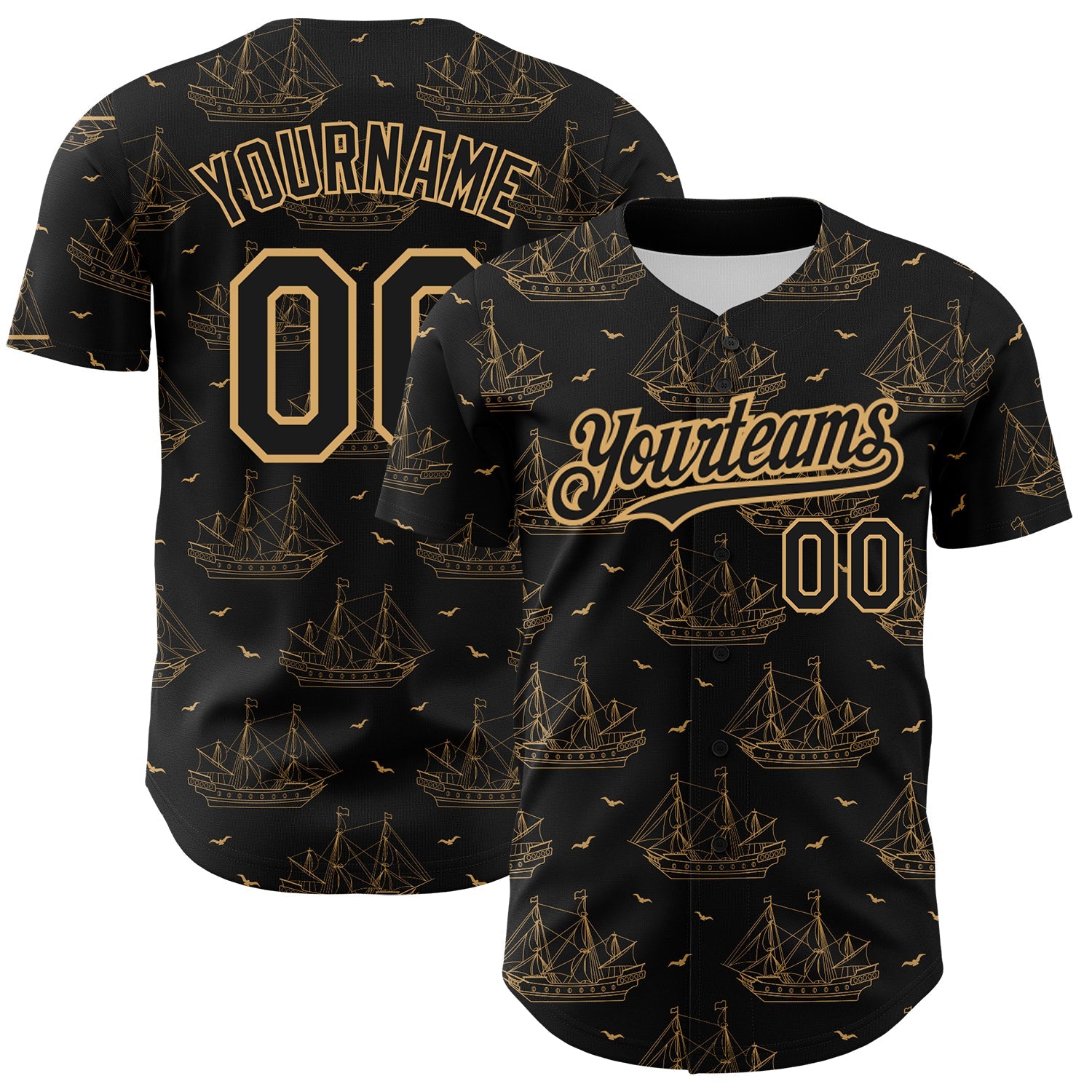 Custom Black Old Gold 3D Pattern Design Ship Frigate With Seagulls Authentic Baseball Jersey - Main View
