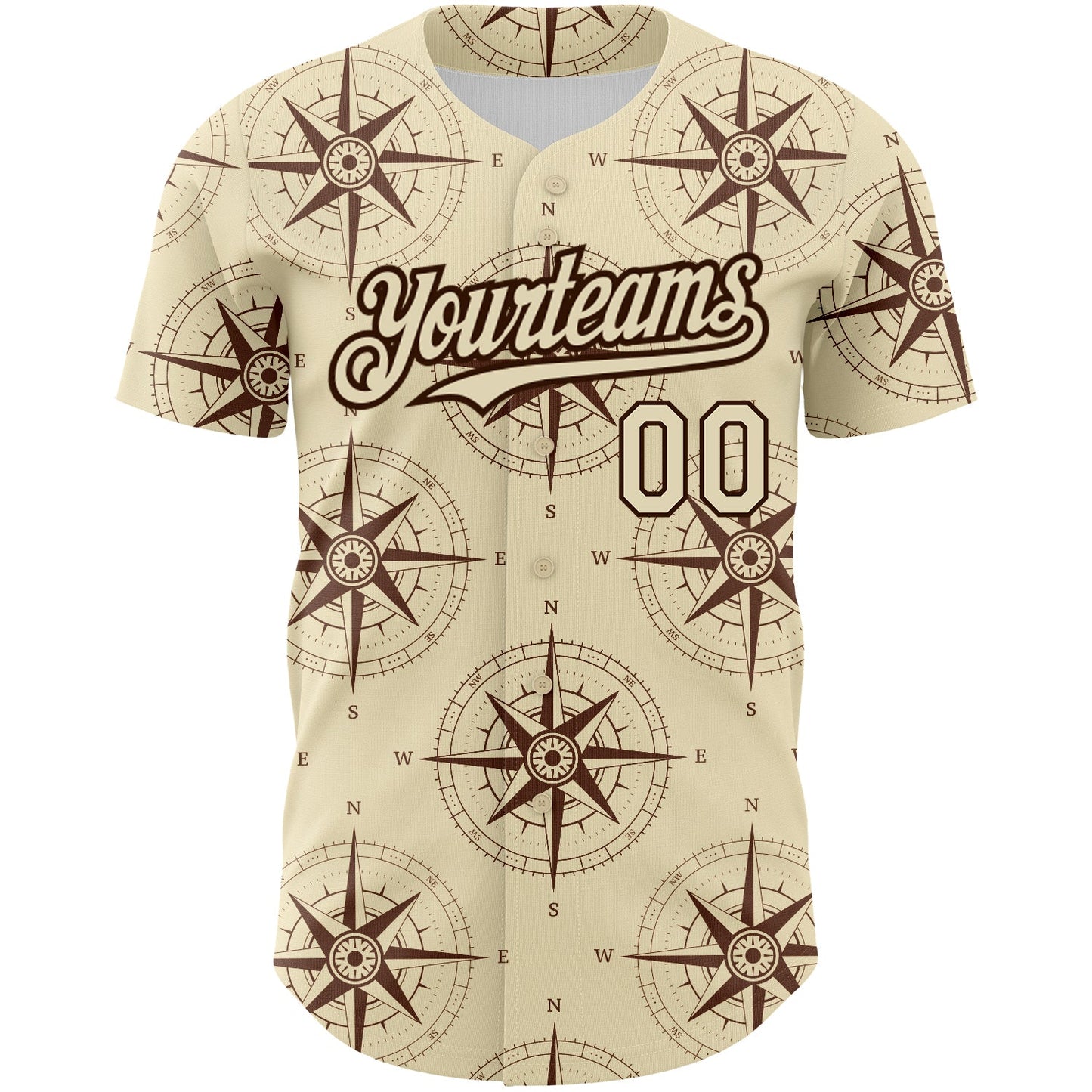 Custom Cream Brown 3D Pattern Design Navigation Compass Authentic Baseball Jersey view 2