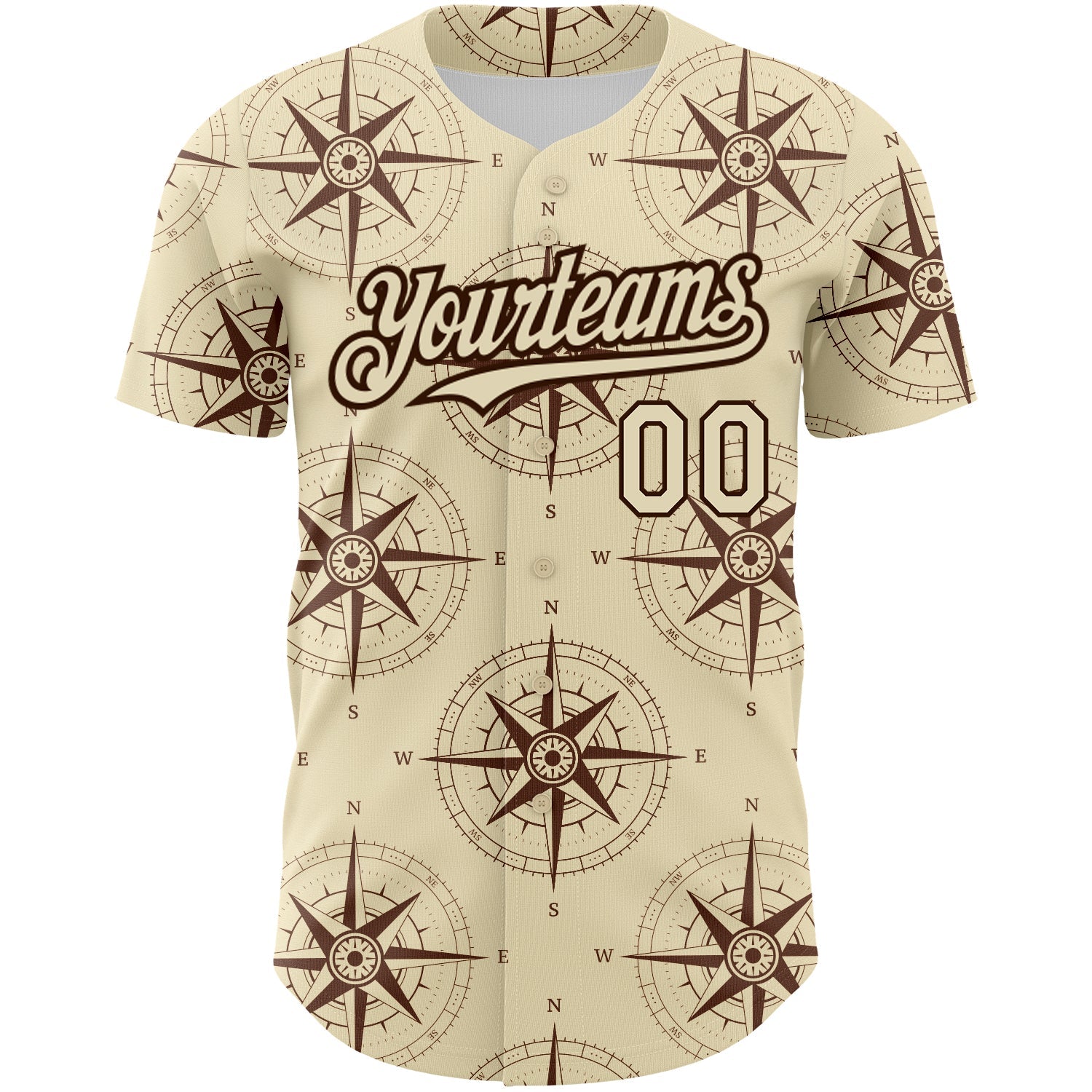 Custom Cream Brown 3D Pattern Design Navigation Compass Authentic Baseball Jersey view 2