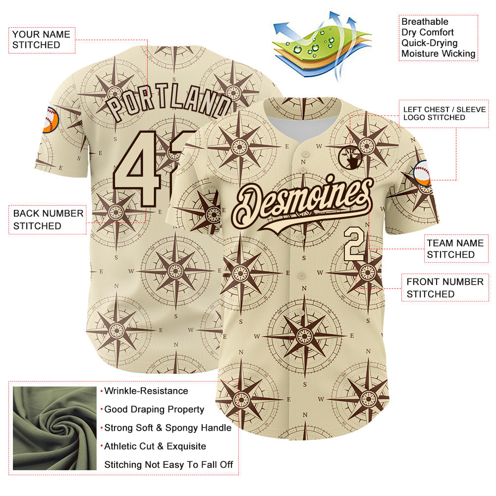 Custom Cream Brown 3D Pattern Design Navigation Compass Authentic Baseball Jersey view 3