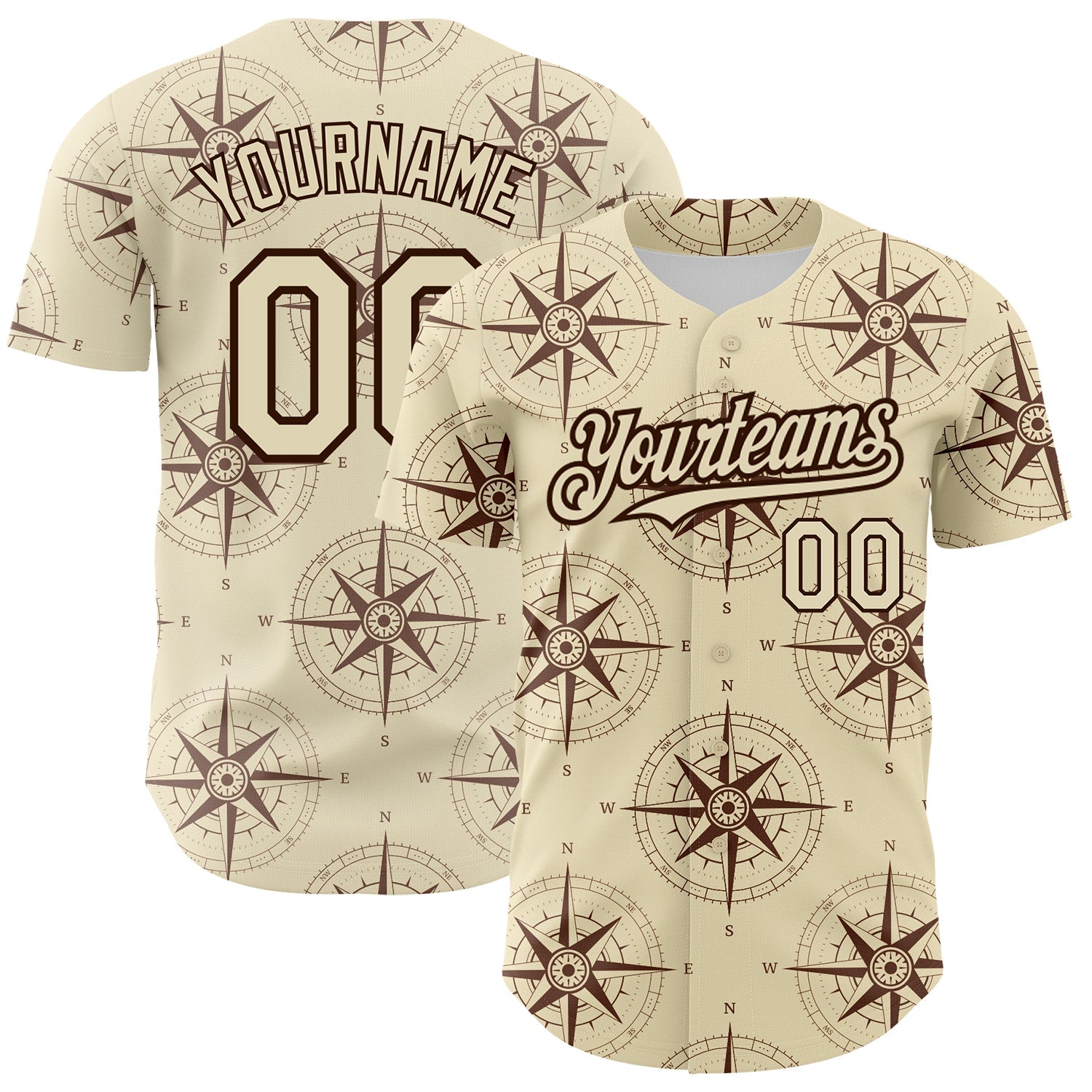Custom Cream Brown 3D Pattern Design Navigation Compass Authentic Baseball Jersey - Main View