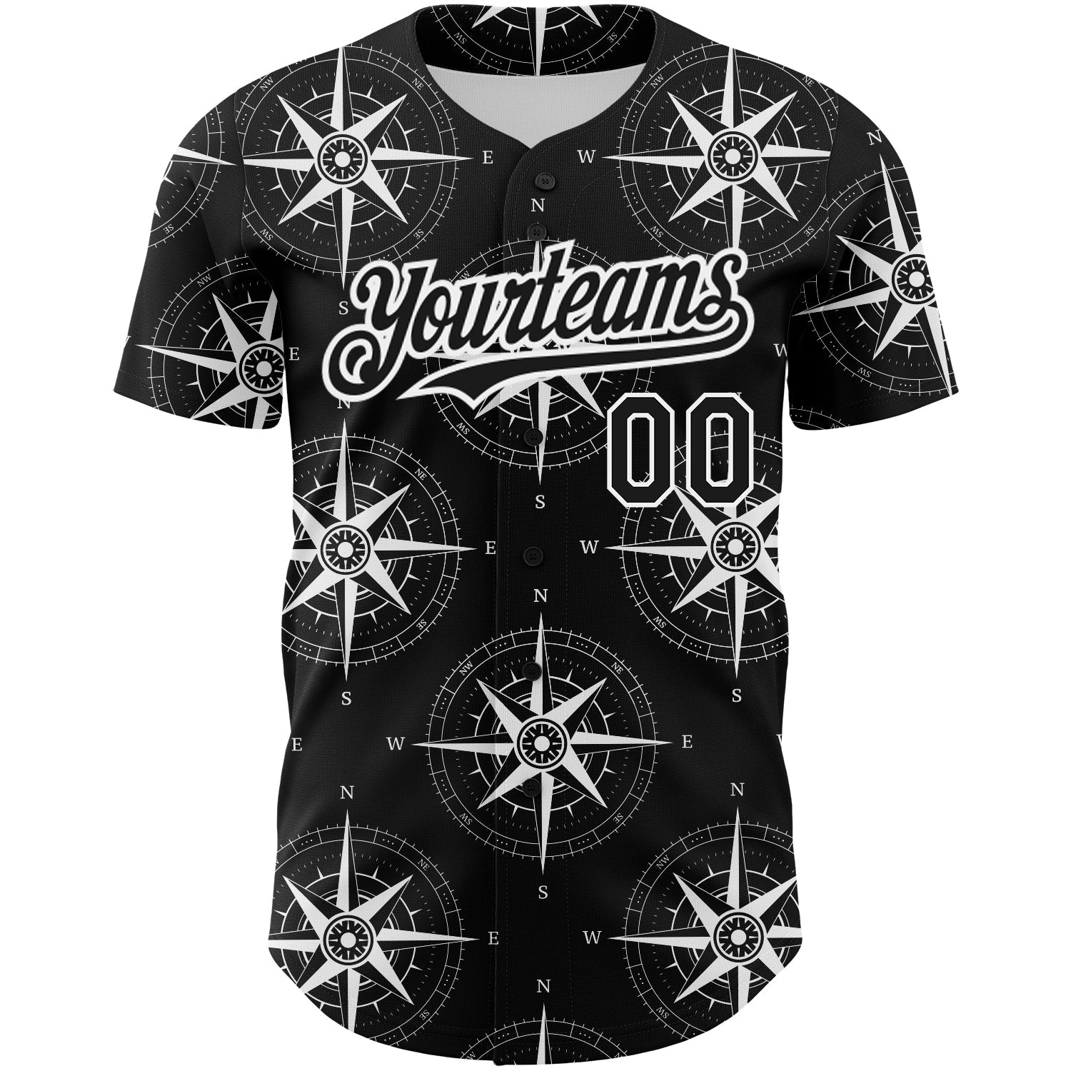 Custom Black White 3D Pattern Design Navigation Compass Authentic Baseball Jersey view 2
