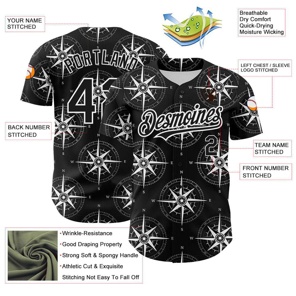 Custom Black White 3D Pattern Design Navigation Compass Authentic Baseball Jersey view 3