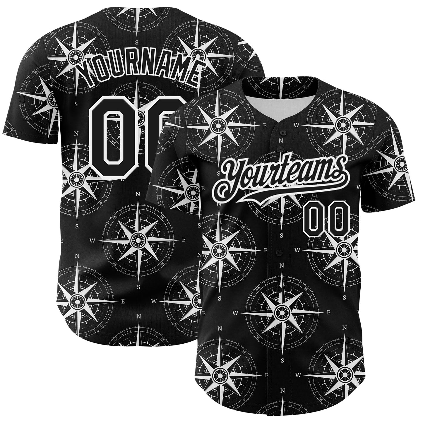 Custom Black White 3D Pattern Design Navigation Compass Authentic Baseball Jersey - Main View