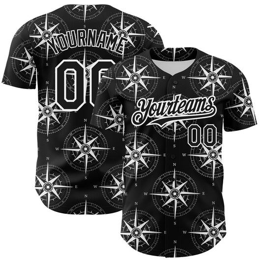 Custom Black White 3D Pattern Design Navigation Compass Authentic Baseball Jersey - Main View