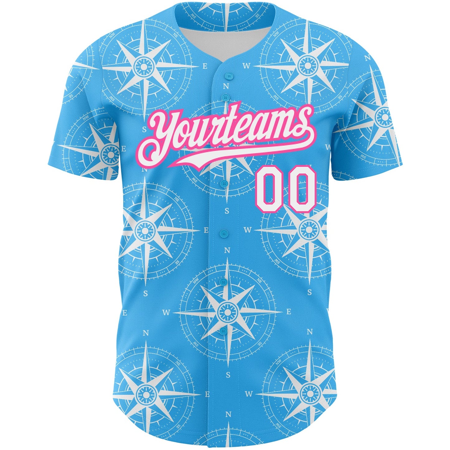 Custom Sky Blue White-Pink 3D Pattern Design Navigation Compass Authentic Baseball Jersey view 2