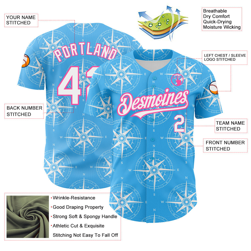 Custom Sky Blue White-Pink 3D Pattern Design Navigation Compass Authentic Baseball Jersey view 3