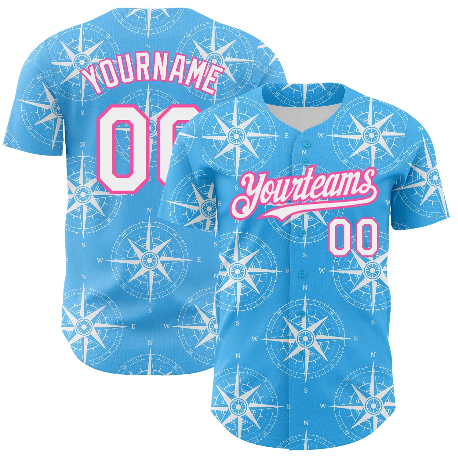 Custom Sky Blue White-Pink 3D Pattern Design Navigation Compass Authentic Baseball Jersey - Main View