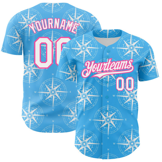 Custom Sky Blue White-Pink 3D Pattern Design Navigation Compass Authentic Baseball Jersey - Main View