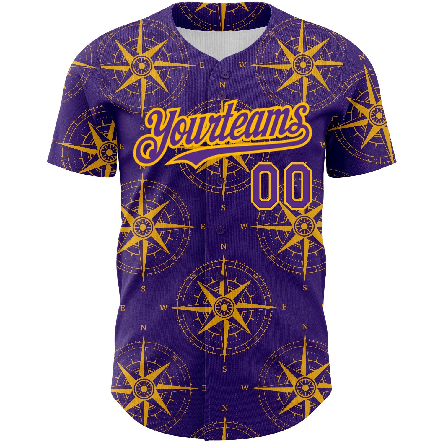 Custom Purple Gold 3D Pattern Design Navigation Compass Authentic Baseball Jersey view 2
