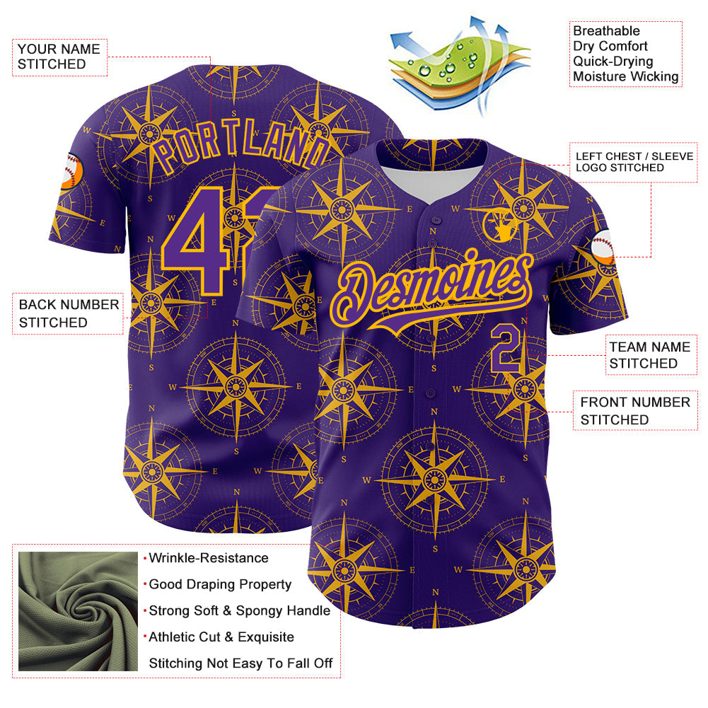 Custom Purple Gold 3D Pattern Design Navigation Compass Authentic Baseball Jersey view 3
