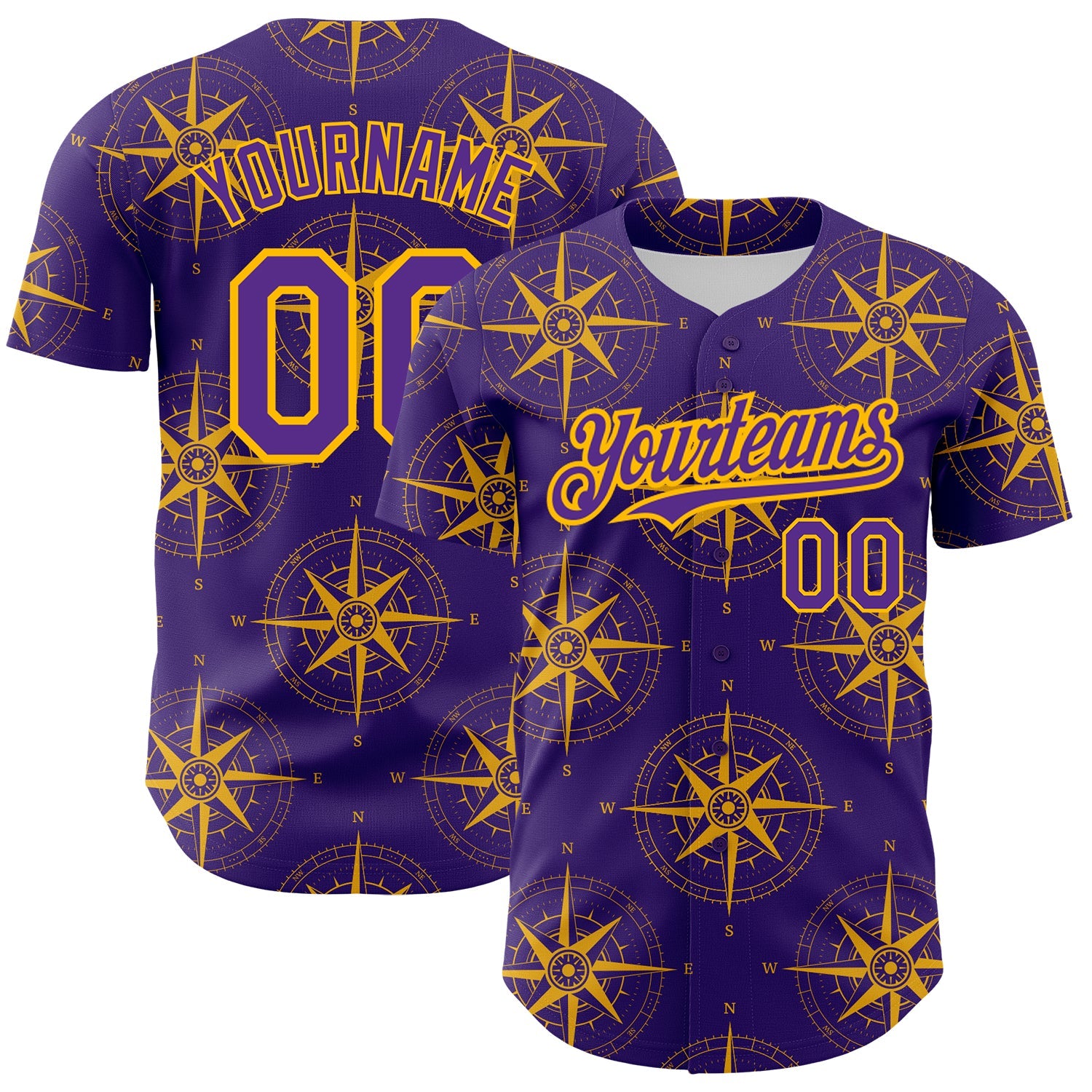 Custom Purple Gold 3D Pattern Design Navigation Compass Authentic Baseball Jersey - Main View