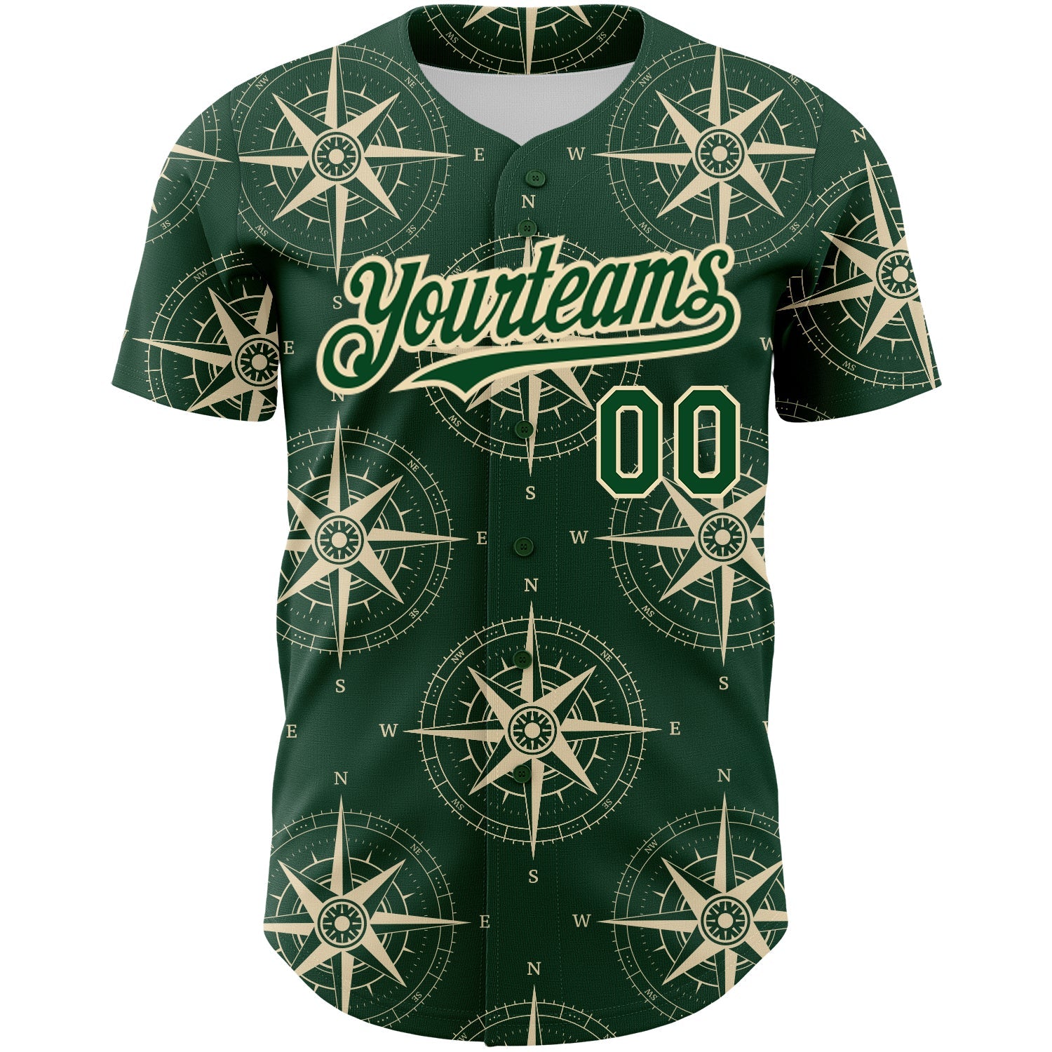 Custom Green City Cream 3D Pattern Design Navigation Compass Authentic Baseball Jersey view 2