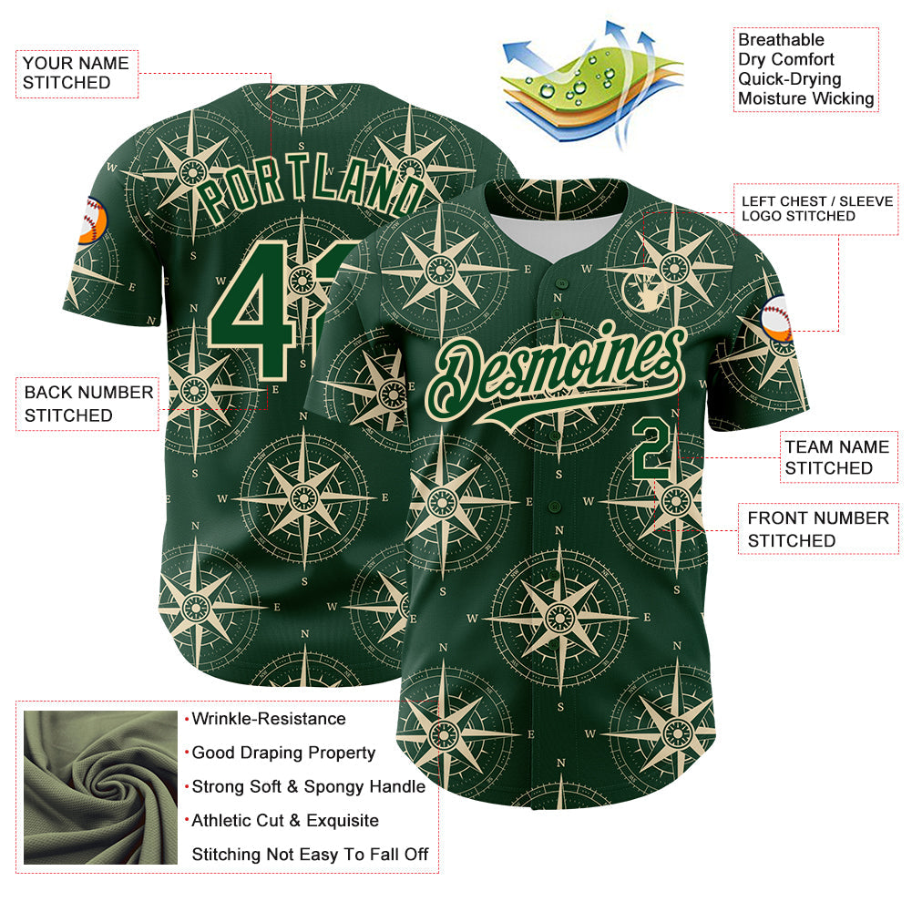 Custom Green City Cream 3D Pattern Design Navigation Compass Authentic Baseball Jersey view 3