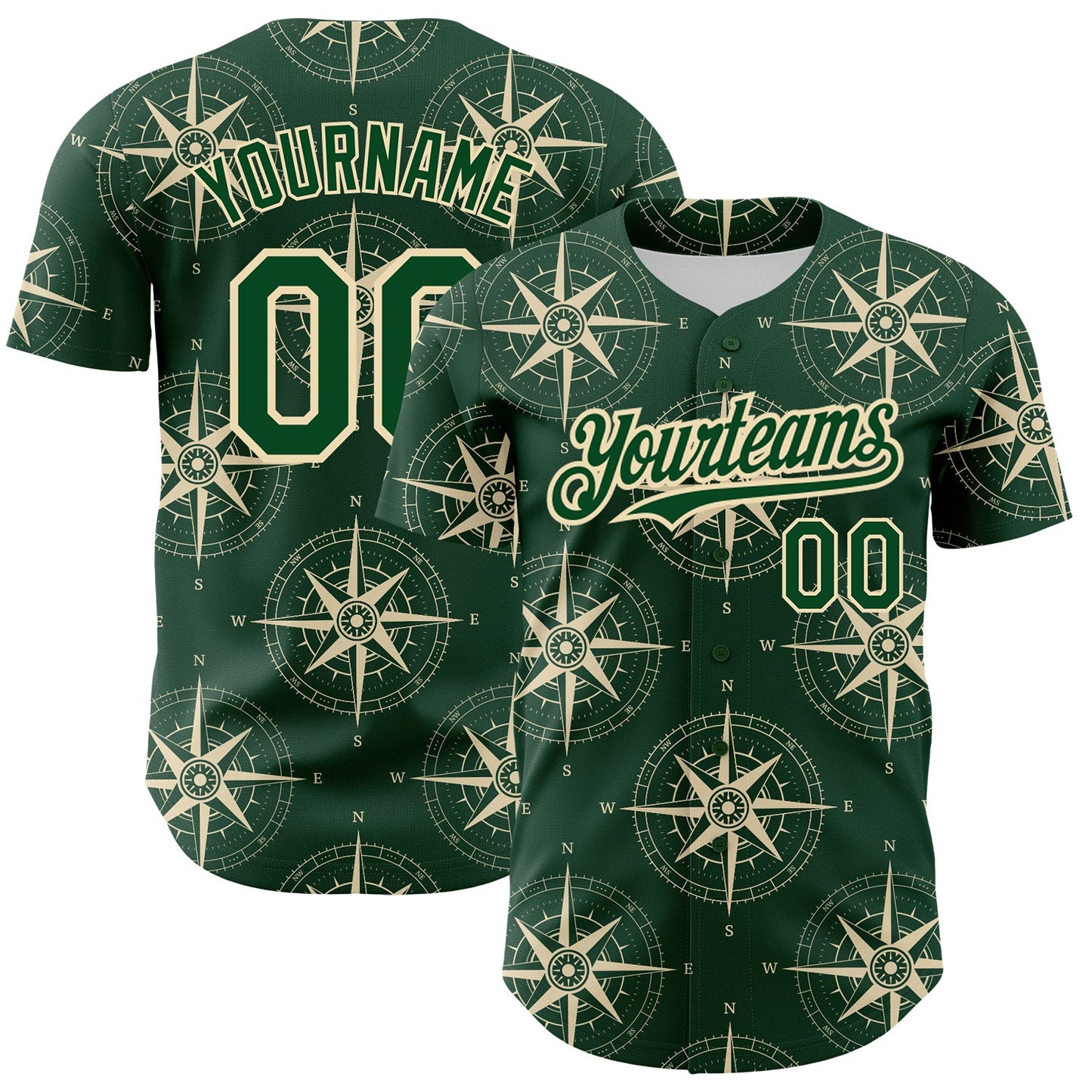 Custom Green City Cream 3D Pattern Design Navigation Compass Authentic Baseball Jersey - Main View