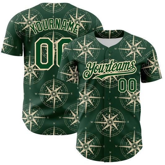 Custom Green City Cream 3D Pattern Design Navigation Compass Authentic Baseball Jersey - Main View