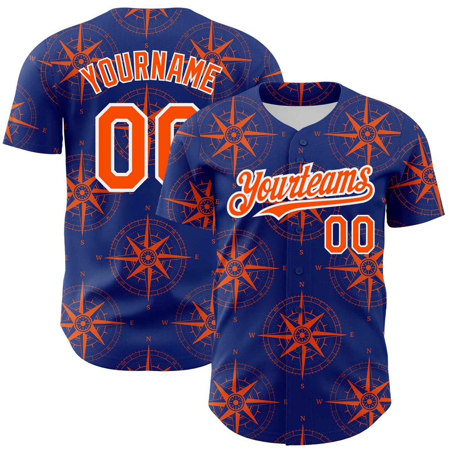Custom Royal Orange-White 3D Pattern Design Navigation Compass Authentic Baseball Jersey - Main View