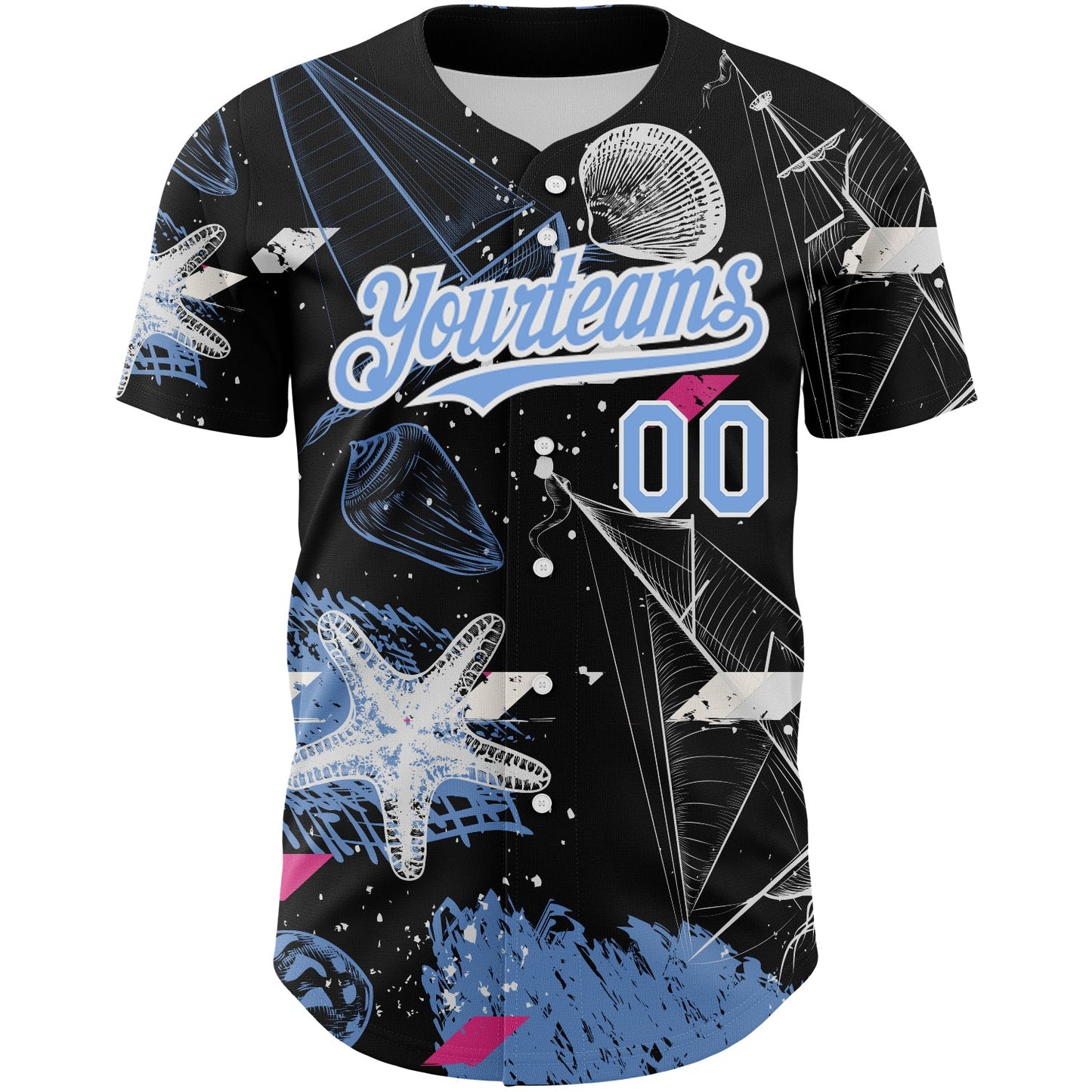 Custom Black Light Blue-White 3D Pattern Design Sailing Boats Authentic Baseball Jersey view 2