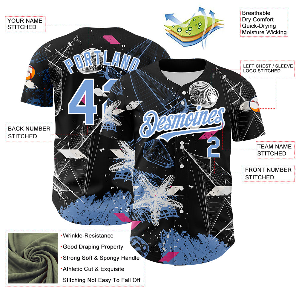 Custom Black Light Blue-White 3D Pattern Design Sailing Boats Authentic Baseball Jersey view 3