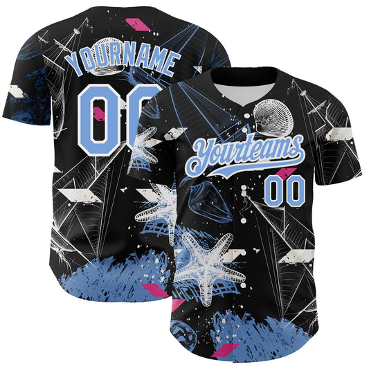 Custom Black Light Blue-White 3D Pattern Design Sailing Boats Authentic Baseball Jersey - Main View