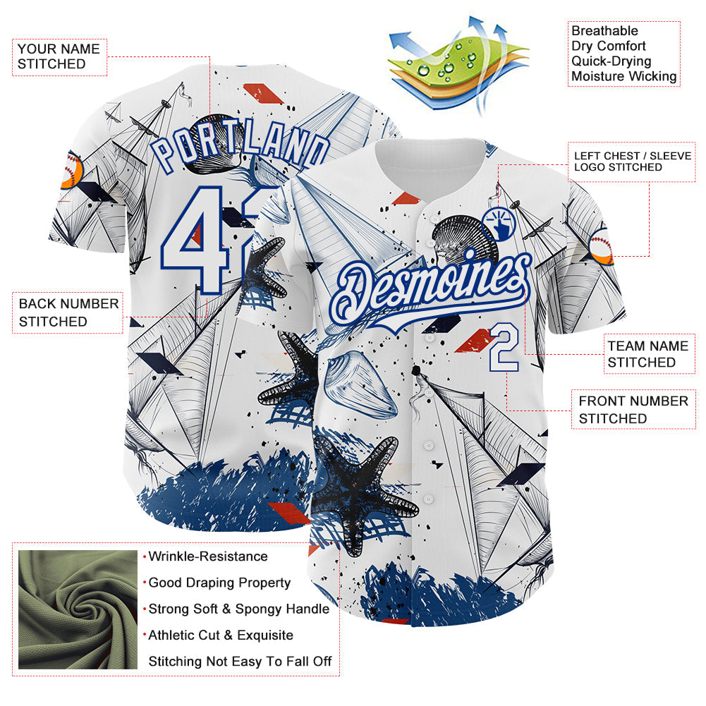 Custom White Royal 3D Pattern Design Sailing Boats Authentic Baseball Jersey view 3