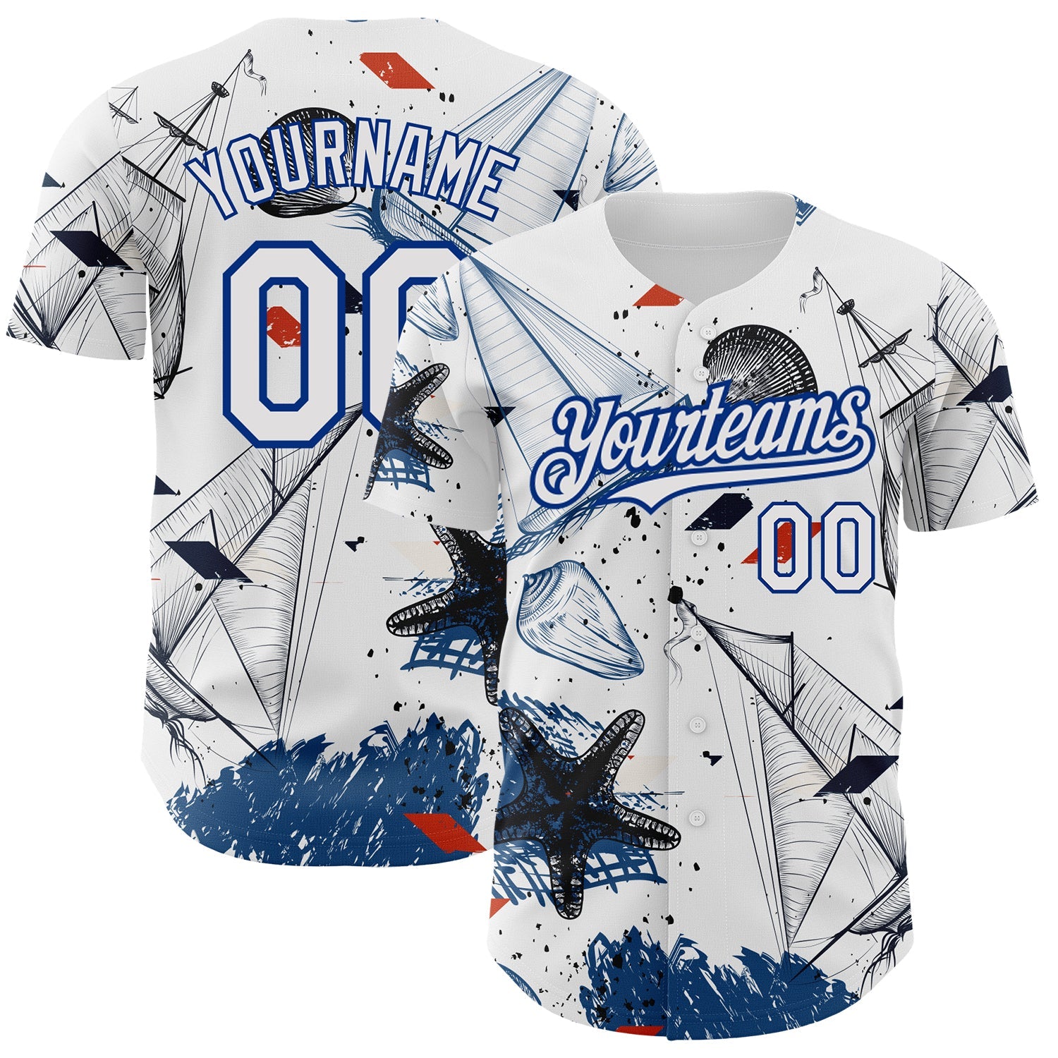 Custom White Royal 3D Pattern Design Sailing Boats Authentic Baseball Jersey - Main View