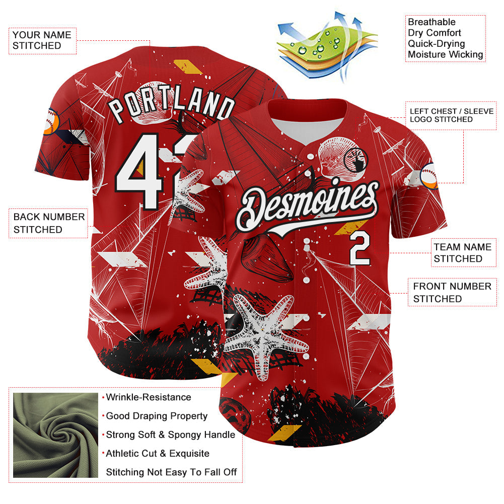 Custom Red White-Black 3D Pattern Design Sailing Boats Authentic Baseball Jersey view 3