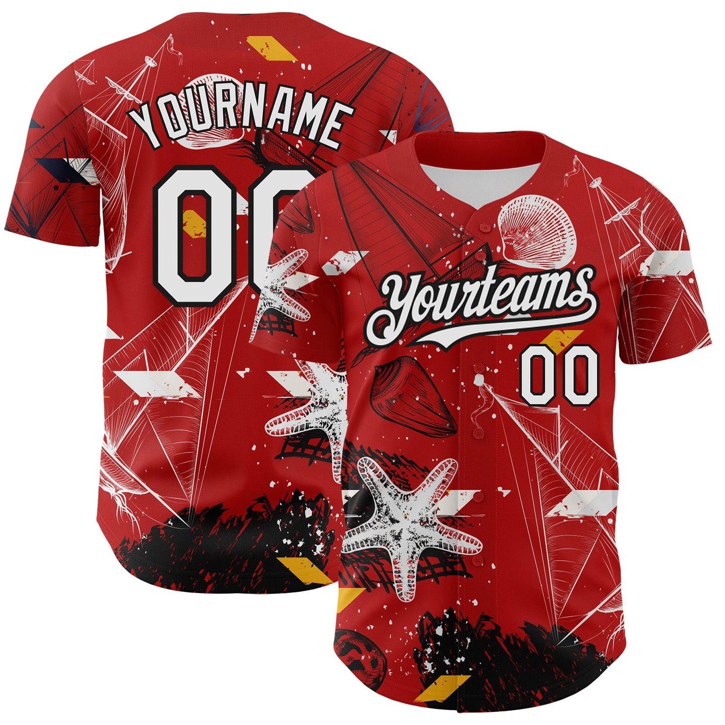 Custom Red White-Black 3D Pattern Design Sailing Boats Authentic Baseball Jersey - Main View