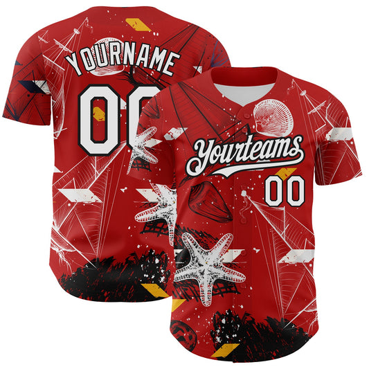 Custom Red White-Black 3D Pattern Design Sailing Boats Authentic Baseball Jersey - Main View