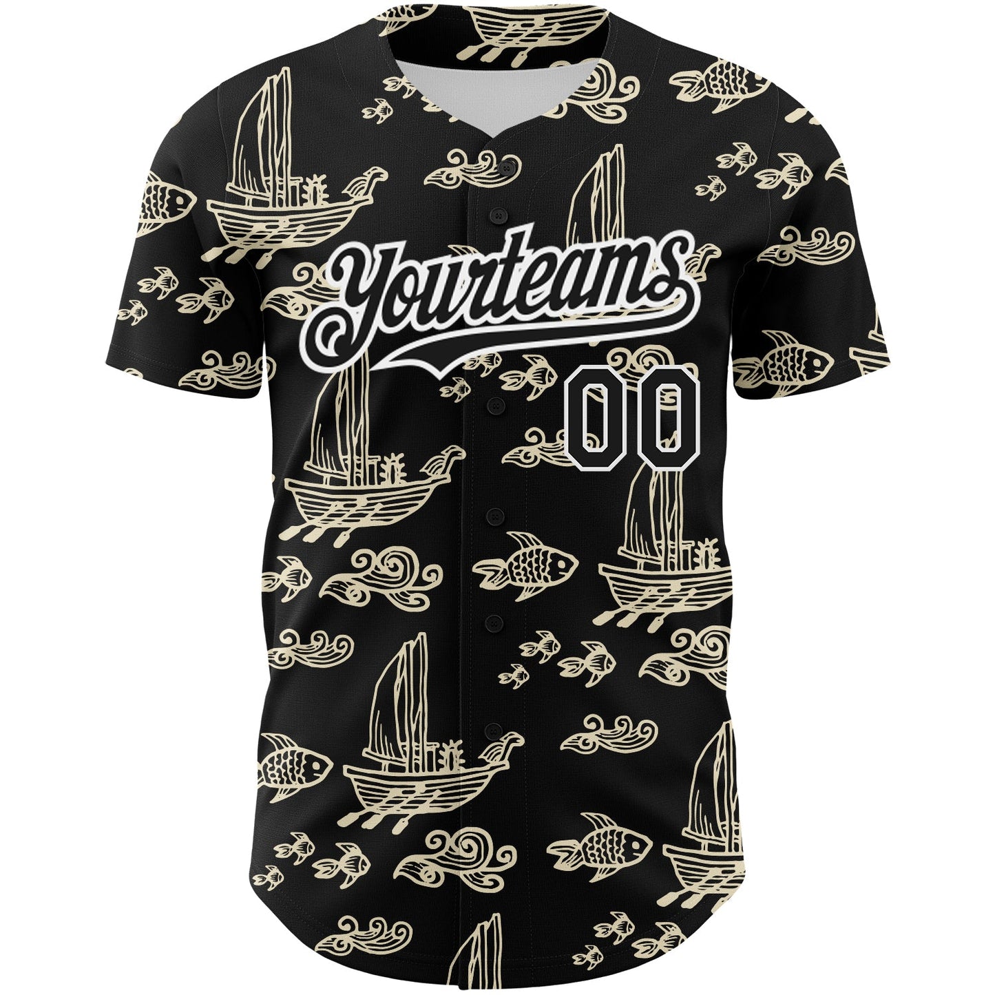 Custom Black White 3D Pattern Design Boats And Fish Authentic Baseball Jersey view 2