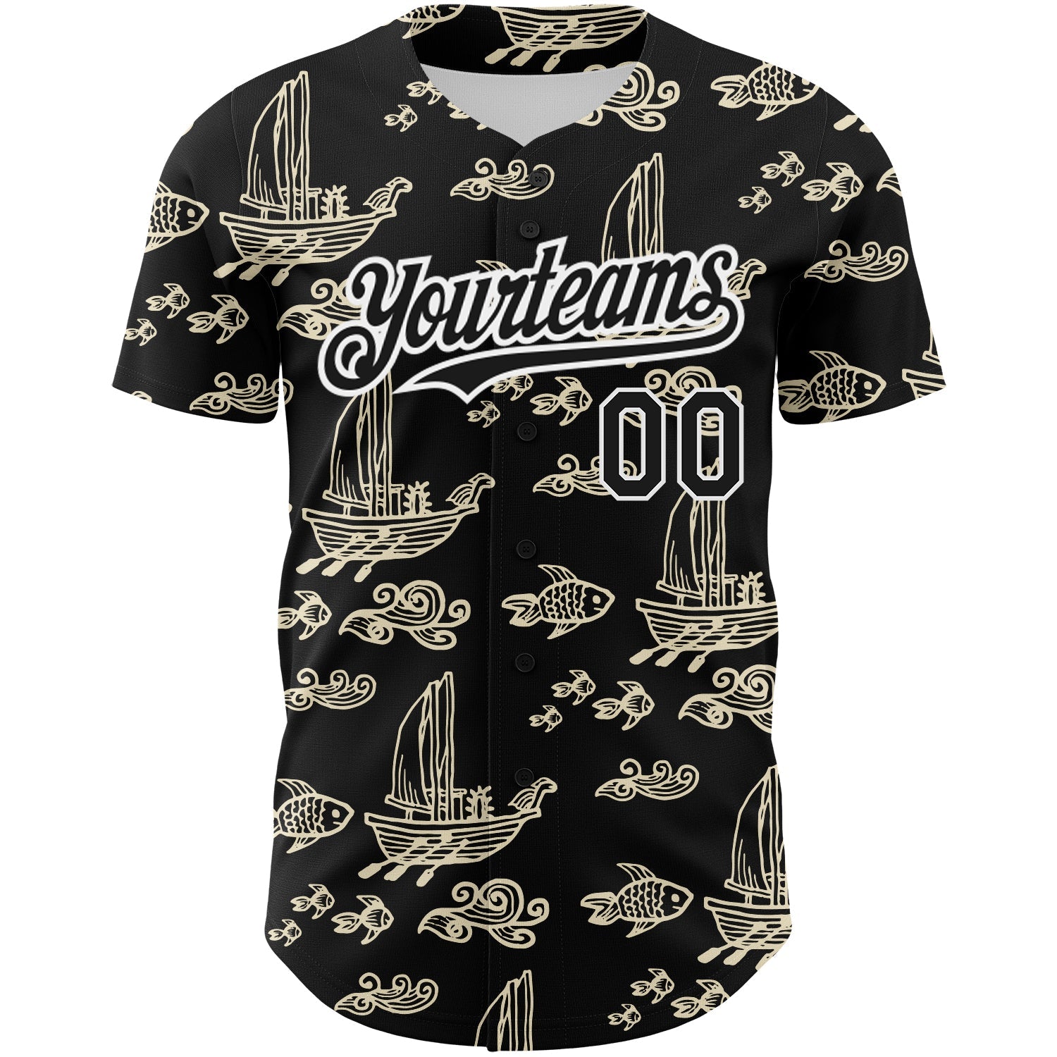 Custom Black White 3D Pattern Design Boats And Fish Authentic Baseball Jersey view 2