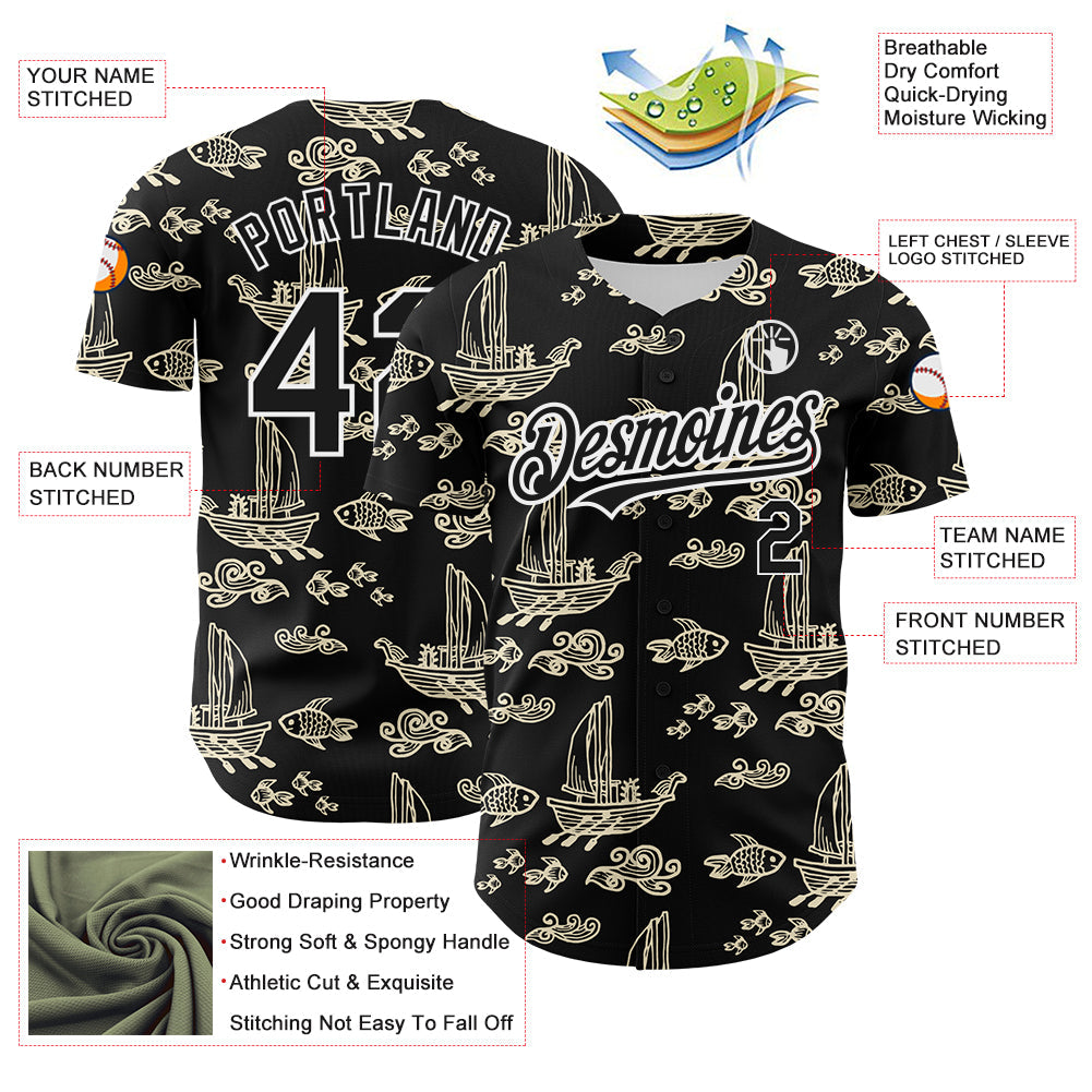 Custom Black White 3D Pattern Design Boats And Fish Authentic Baseball Jersey view 3