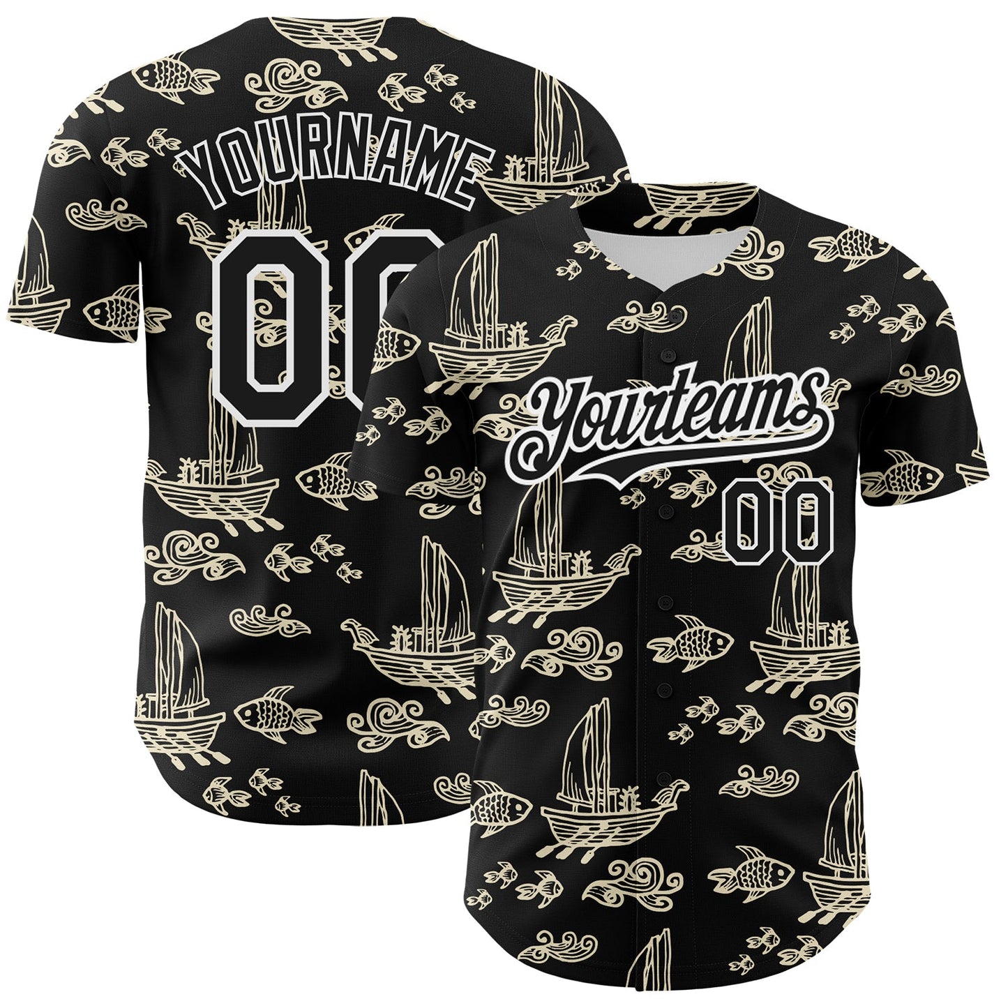 Custom Black White 3D Pattern Design Boats And Fish Authentic Baseball Jersey - Main View