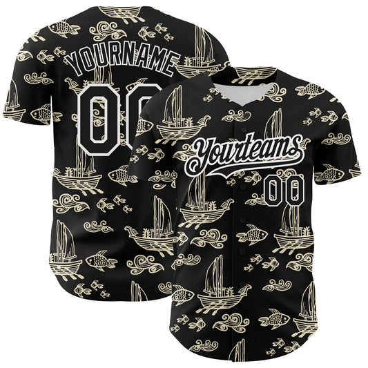 Custom Black White 3D Pattern Design Boats And Fish Authentic Baseball Jersey - Main View