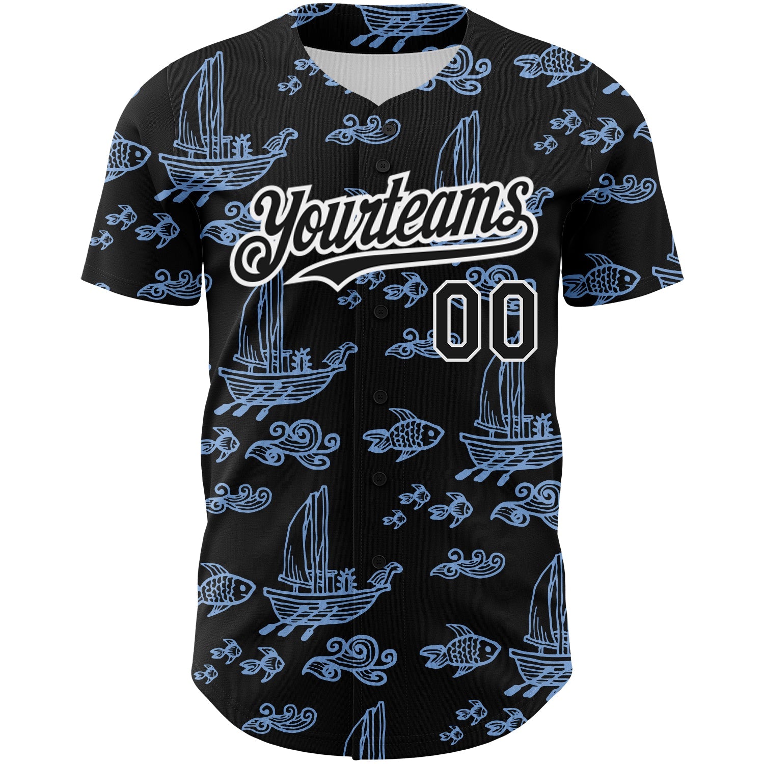 Custom Black White-Light Blue 3D Pattern Design Boats And Fish Authentic Baseball Jersey view 2