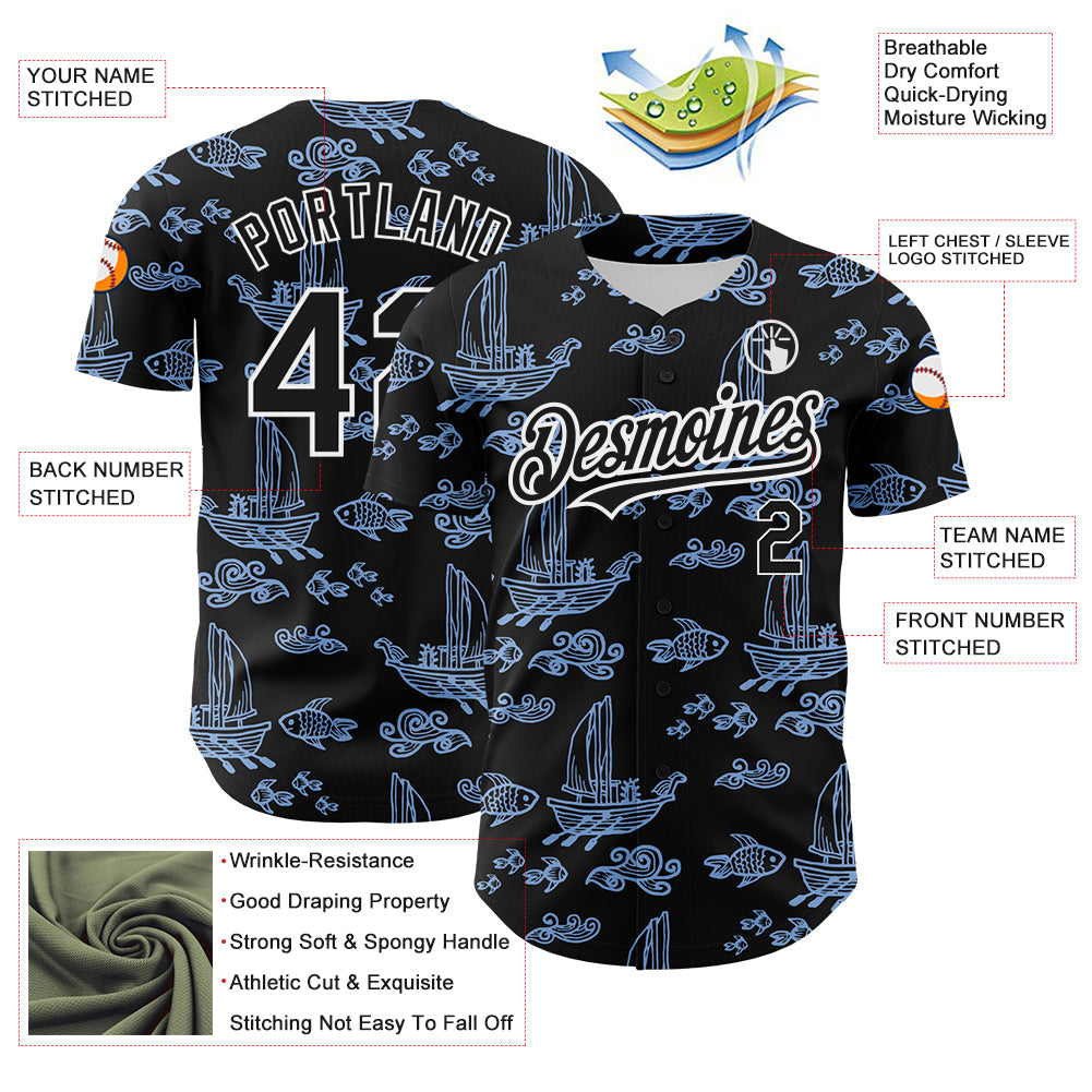 Custom Black White-Light Blue 3D Pattern Design Boats And Fish Authentic Baseball Jersey view 3